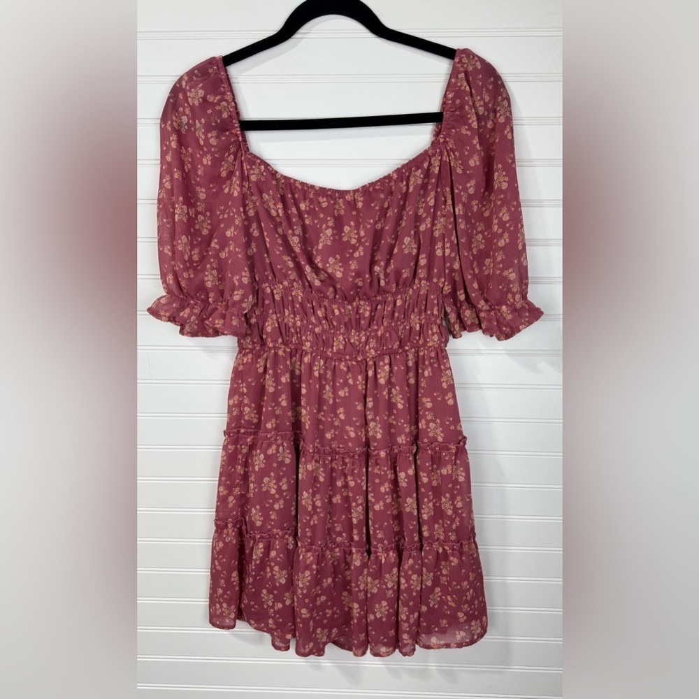 Trixxi juniors mauve floral blouson square neck dress. Size L - Picture 2 of 3